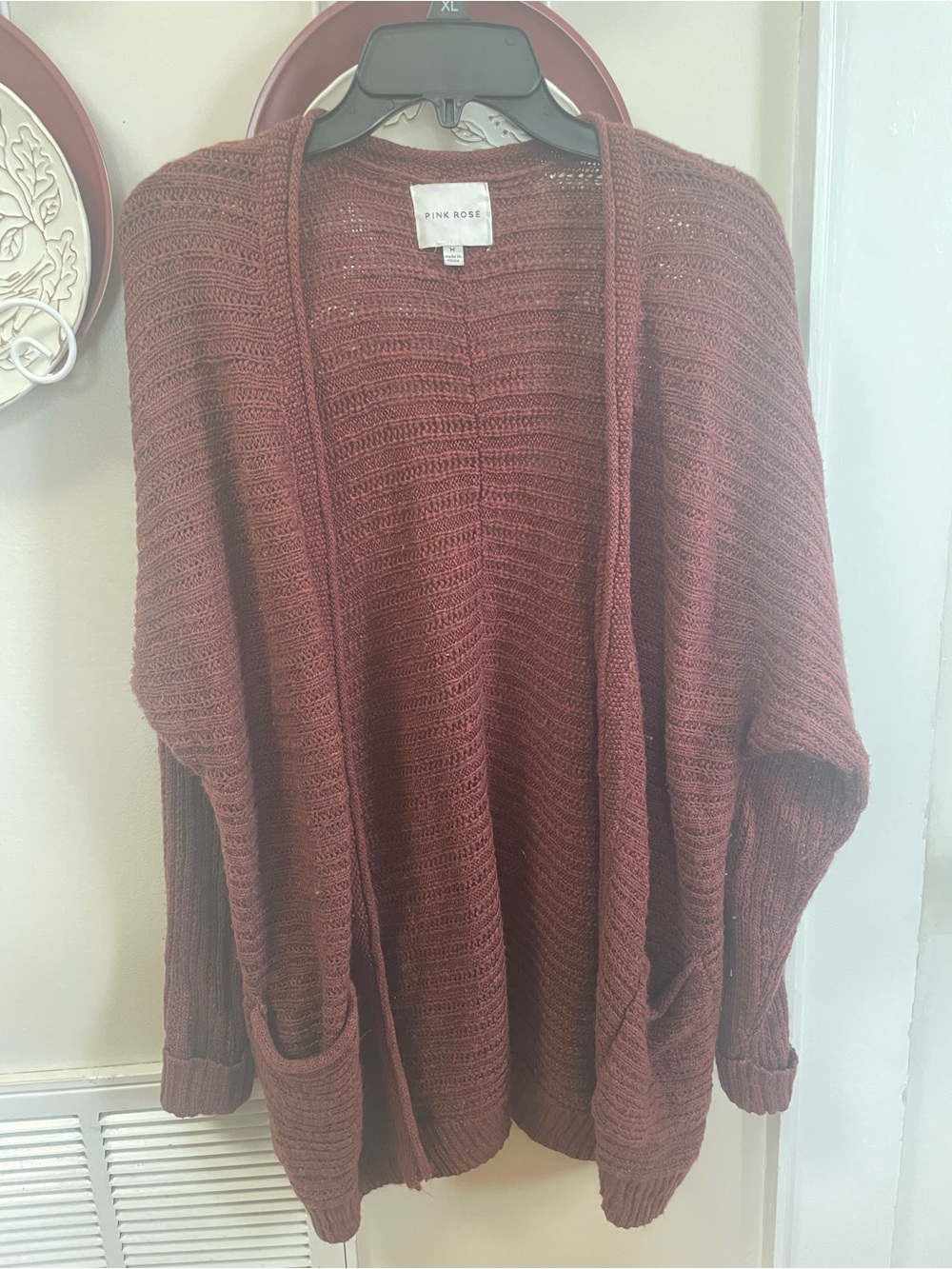 Pink Rose Open-Front Cardigan Sweater in Burgundy Red